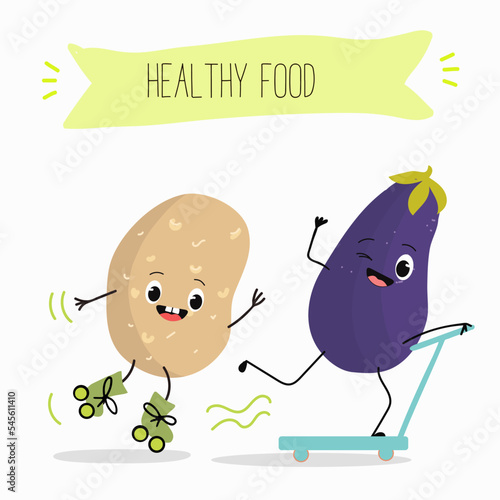 Vector illustration of funny cartoon character potato and eggplant riding scooter and roller skates, healthy food, cuisine, ingredients, kids t-shirt design.