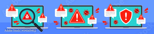 Computer virus attack on laptop. System security threat warning alert. Cybercrime, vulnerability, or antivirus concept. Malware, ransomware, or bug. Flat cartoon icon vector. Technology illustration.