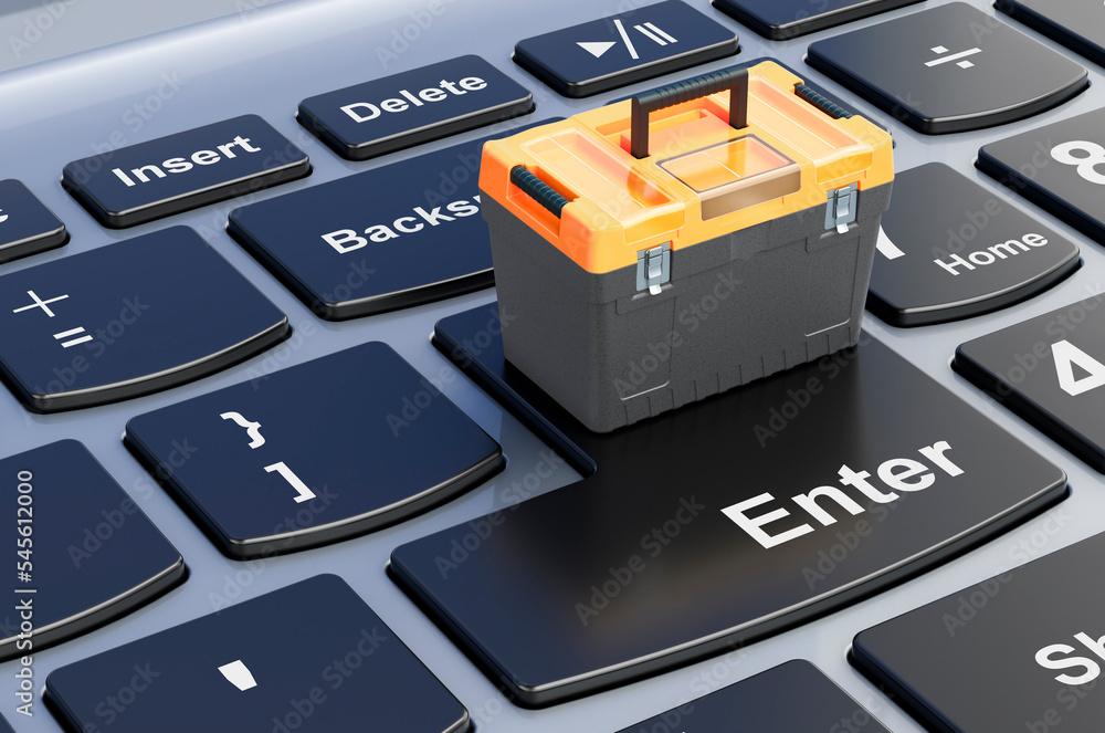 Fototapeta premium Toolbox on computer keyboard, 3D rendering