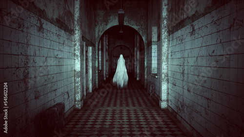 Ghost Floating Through an Asylum Halloween Horror Dark Film Grain Analogue Aesthetic Gothic Building Camera Flash 3d illustration render   © paul