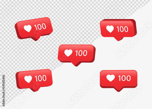 3d heart in speech bubble icon, love like heart bubbles background, social media notification icons 100 likes counter, post reactions for social network, favorite hearts, 3d rendering, 3d illustration