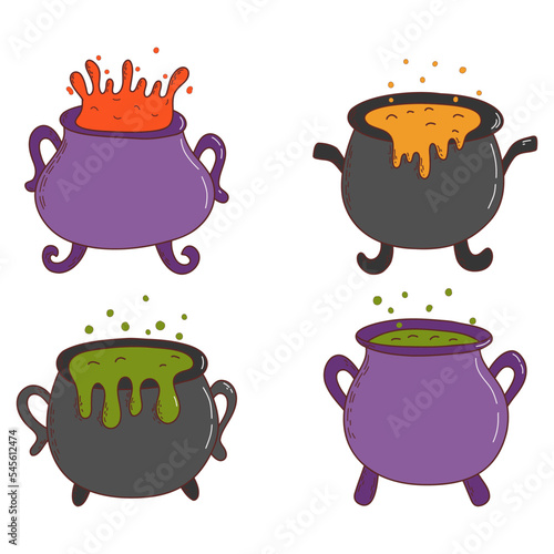 Set of halloween witches cauldrons with poison potion. Halloween elements. Trick or treat concept. Vector illustration in hand drawn style