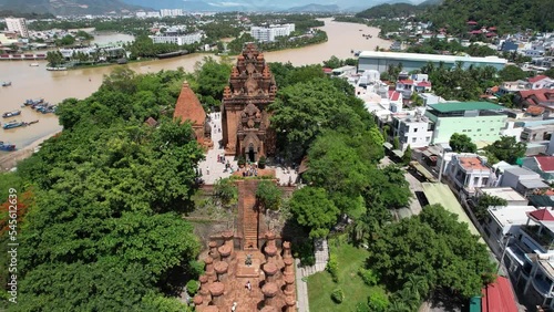 Po Nagar , Nha Trang  Vietnam - 04 08 2022 : 4k Drone footage of a ancient Temple in Vietnam in coastal city of Nha Trang  cham tower Po nagar Hindu temple ,indian god goddesses   photo