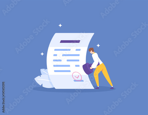 review and approve. passed the test and approved. give stamp. a businessman uses a stamp to put a stamp on a paper report. data validation. Terms and Conditions. concept illustration design