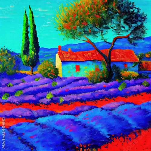 Village and age old houses inspired from Tuscany region Florence, Italy. Rural farmlands, trees and lavender fields - beautiful vibrant summer colors oil painting art