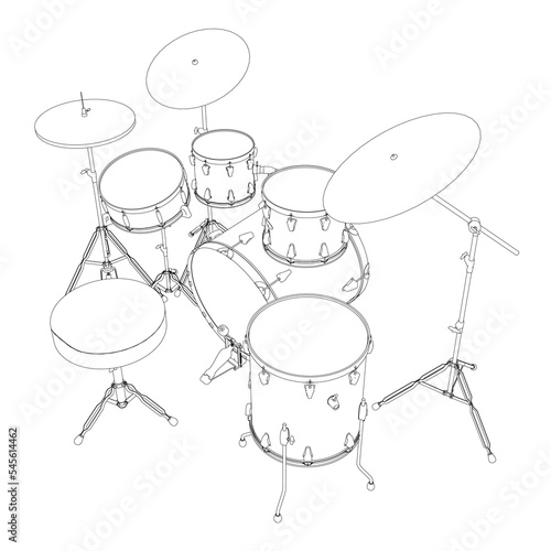 Outline of a drum musical set from black lines isolated on a white background. Isometric view. 3D. Vector illustration.