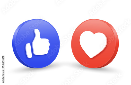 3d like icon button. thumb up icon, heart love icon , 3d social media notification icons in modern buttons. Thumbs up sign emoticon icon, favorite hearts, 3d rendering, 3d illustration