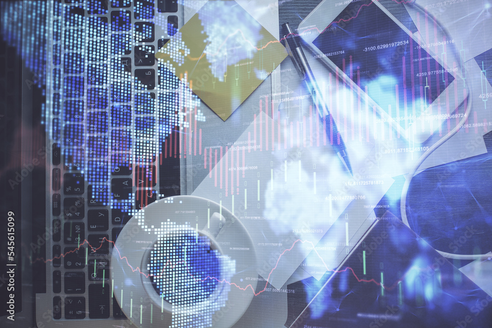 Obraz premium Double exposure of financial chart drawing over table background with computer. Concept of research and analysis. Top view.