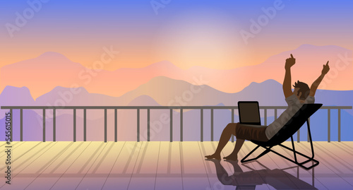 A Man working and relaxation on vacation on the mountain view. holiday relax and working concept. vector