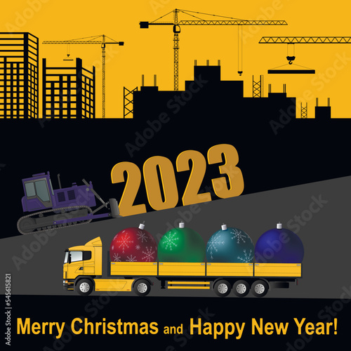 Christmas card. The bulldozer is pushing the numbers of the new 2023. Truck with Christmas decorations.