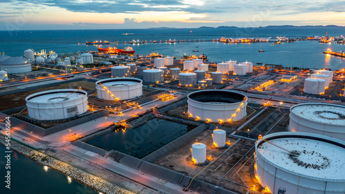Aerial view oil terminal industrial facility storage tank oil and petrochemical product for transport storage facility, Storage tank petroleum petrochemical refinery product at oil terminal at nihgt.