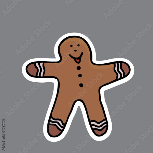 Vector christmas sticker. Hand drawn gingerbread man.