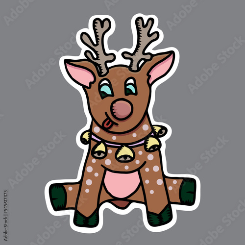 Vector christmas sticker. Hand drawn cute reindeer.