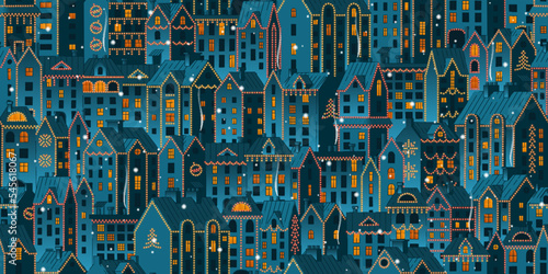 Vector seamless Christmas background with night town. Hand-drawn illuminated townhouses with falling snow. Stock vector background.