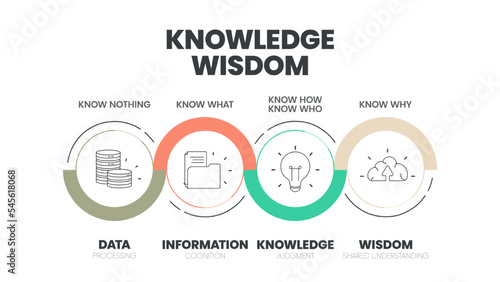 Knowledge Wisdom circle infographic template with icons has Wisdom (Shared understanding), Knowledge (Judgment), Information (Cognition), Data (Processing). DIKW knowledge management diagram vector.