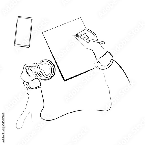One continuous line drawing of hand writing gesture on a piece of paper beside smartphone and a cup of coffee vector illustration.Simple sketch of hand with pen or pencil and blank sheet .Top view