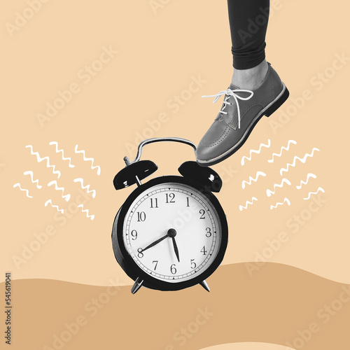 Contemporary digital collage art. Retro alarm clock. Wake up, job, dedline concept photo