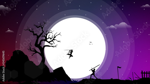swordsman duel. two swordsmen fighting. female swordsman jumps to attack the enemy. duel. halloween background with moon. samurai anime wallpaper. 