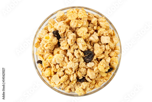 Granola bowl with raisins, nuts. Homemade crunchy granola  isolated on white background. Healthy eating.