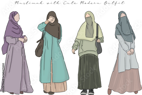 set of muslim woman in hijab fashion style photo