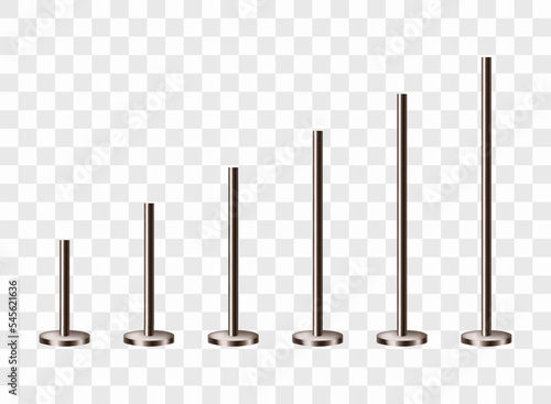 Bronze or cast iron poles on a round base. Set of metal columns. Realistic vector illustration isolated on transparent background.