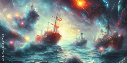 Canvas-taulu Battleships, storm battle, sea and space