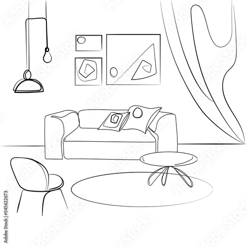 Interior design with modern living room with sofa, armchair, abstract paintings on the wall and hanging loft lamps, coffee table black line sketch drawing on white background vector illustration