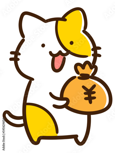 お金の入った袋を持つかわいいねこのデフォルメイラスト