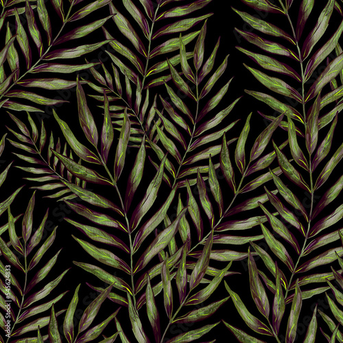 Watercolor seamless pattern with palm leaves. Beautiful allover tropical print with hand drawn exotic plants. Swimwear botanical design. 