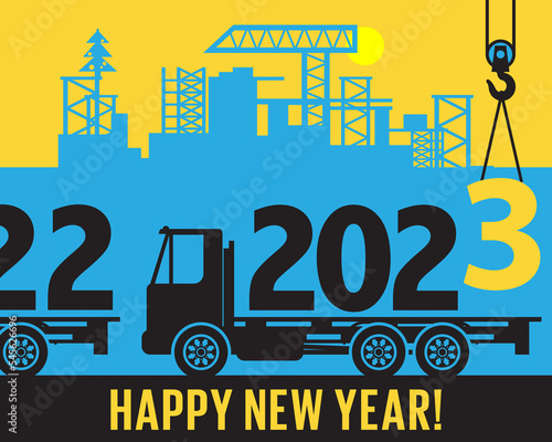 Crane loads New Year 2023 in to truck, text happy New Year, vector illustration