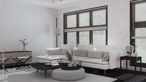 Modern living room in white and dark tones. Fabric sofa, wooden furniture and parquet floor. Japandi interior design © ArchiVIZ