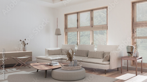Modern living room in white and bleached tones. Fabric sofa  wooden furniture and parquet floor. Japandi interior design