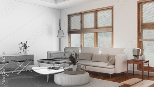 Architect interior designer concept  hand-drawn draft unfinished project that becomes real  modern living room. Fabric sofa and wooden furniture. Japandi style