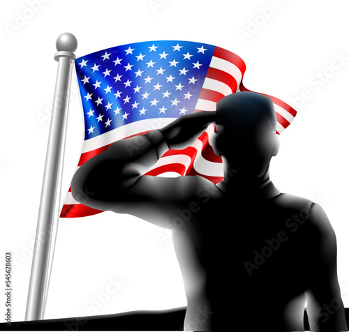A soldier saluting silhouette with American flag design.
