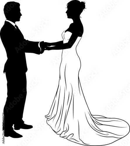 Bride and groom couple silhouettes. Woman in a bridal wedding dress