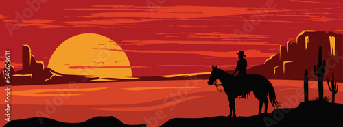 Silhouette of lonesome cowboy riding horse at sunset, Vector Illustration