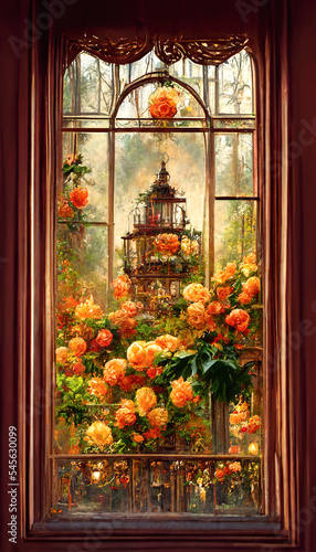 Victorian high window with beautiful flowers.