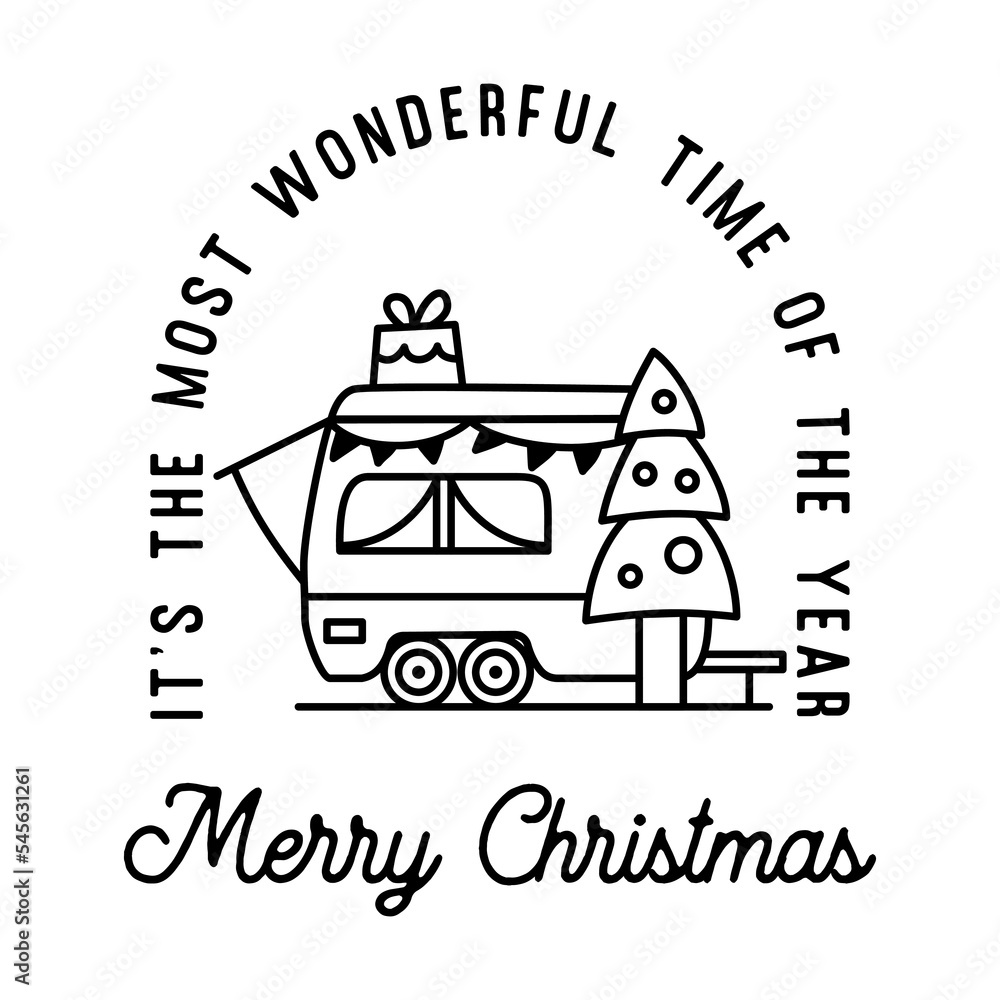 Mountain Camping christmas badge design with RV trailer in line art style and quote most wonderful time of the year. Travel logo graphics. Stock vector label