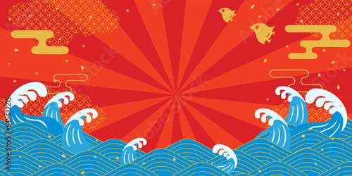 お正月の初日の出と波の背景イラスト
