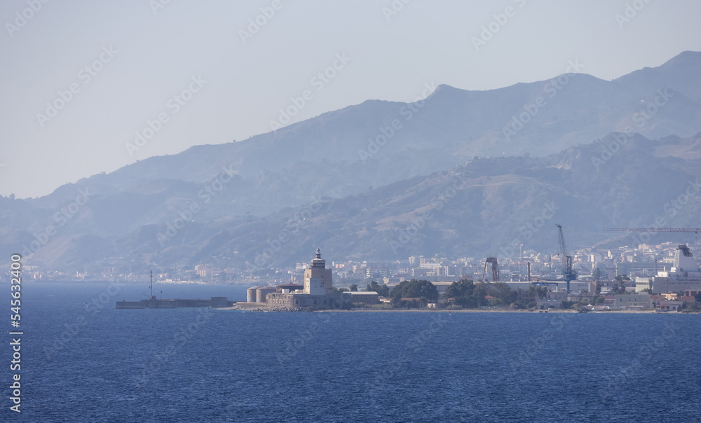 Downtown City by the Sea with mountain background. Messina, Sicilia, Italy. Sunny Morning.
