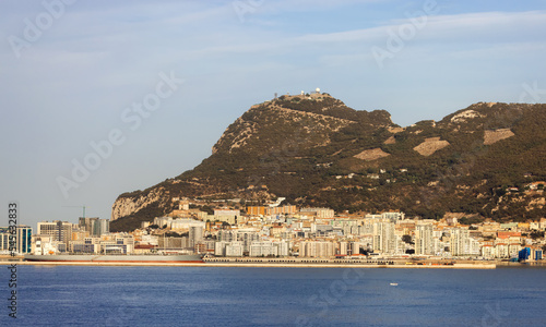 City Buildings, Port and Mountain by the Sea. Sunny Sky. Gibraltar, United Kingdom.