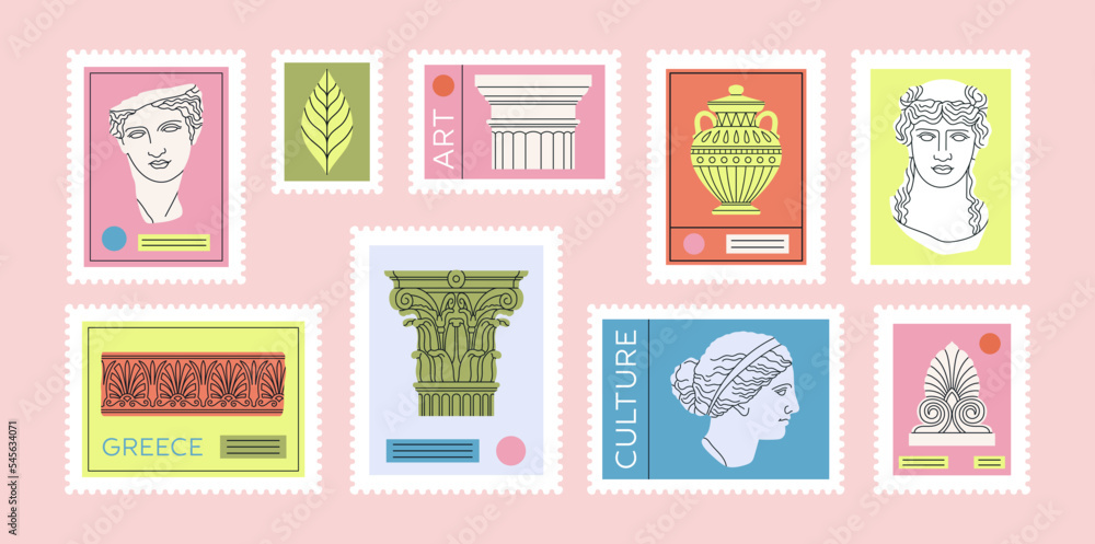 Obraz premium Big set with illustrations of stamps depicting ancient Greek and Roman art. Sculpture, ornament, architectural details. Hand drawn vector illustration isolated on pink background.