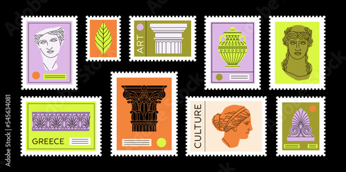 Big set with illustrations of stamps depicting ancient Greek and Roman art. Sculpture, ornament, architectural details. Hand drawn vector illustration isolated on black background.