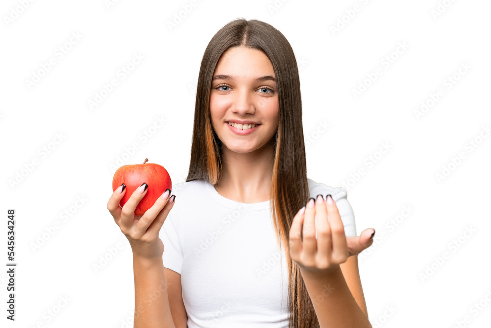 Teenager caucasian girl holding an apple over isolated background inviting to come with hand. Happy that you came Teenager caucasian girl holding an apple over isolated background inviting to come with hand. Happy that you came