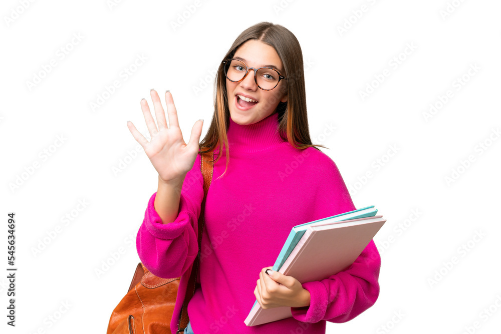Teenager student caucasian girl over isolated background counting five with fingers