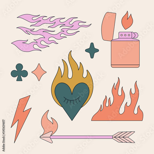 Tattoos set with fire elements. Lighter, flame, heart, arrow etc. Hand drawn vector illustrations isolated on colorful background. Black contour, hot design.