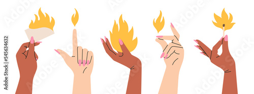 Set with women's hands holding objects in flame, fire elements. Different gestures, cool jewelry and manicure. Nice design. Hand drawn vector illustrations isolated on white background.