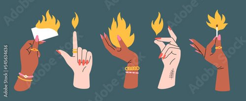 Set with women's hands holding objects in flame, fire elements. Different gestures, cool jewelry and manicure. Nice design. Hand drawn vector illustrations isolated on colorful background.