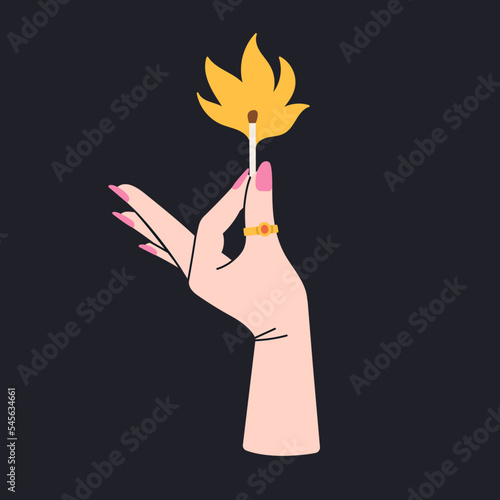 Woman's hand holding a match in fire, flame. Expressive gesture, cool jewelry and manicure. Hot design. Hand drawn vector illustration isolated on black background.
