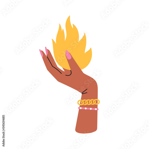 Woman's hand holding a fire ball, flame. Expressive gesture, cool jewelry and manicure. Hot design. Hand drawn vector illustration isolated on white background.